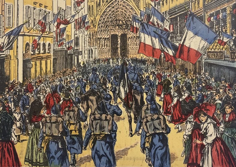 Maarschalk Philippe Pétain wordt met Franse vlaggen onthaald in Straatsburg. Tekening uit 1918.