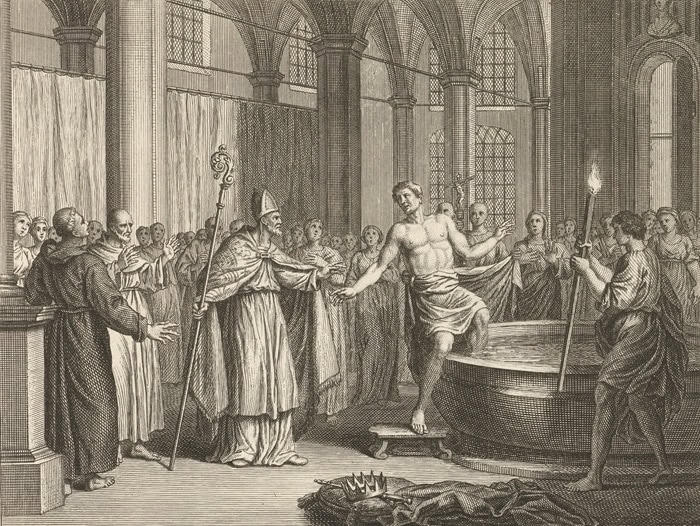 Redbad weigert zich te laten dopen. Achttiende-eeuwse gravure door Jacob Folkema.