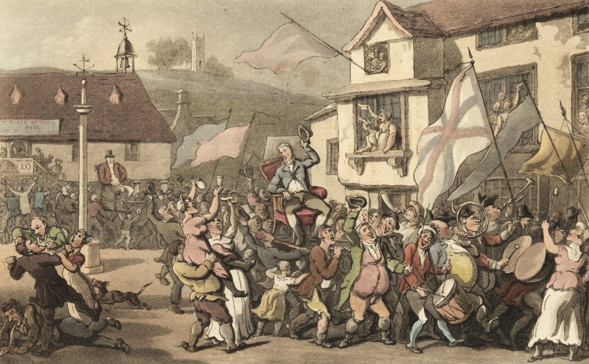 Verkiezingsdag in een rotten borough: de kandidaten verlaten het stemlokaal. Gravure door Thomas Rowlandson bij het gedicht The Dance of Life van William Combe, 1817.