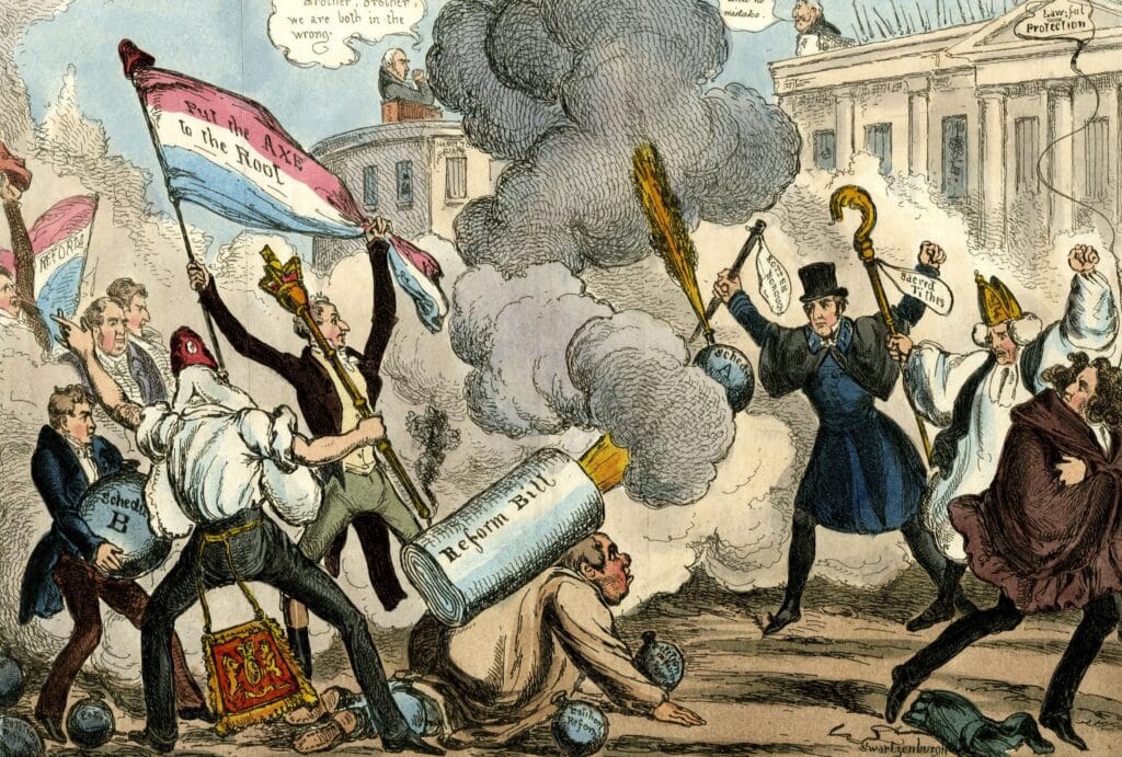 Voorstanders van de Reform Bill in gevecht met de hertog van Wellington en de aartsbisschop van Canterbury. Cartoon uit 1832.