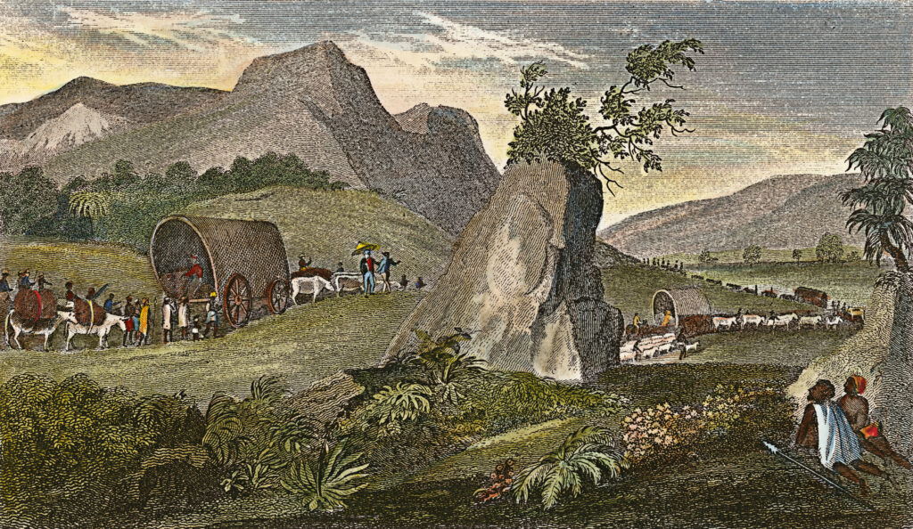 Voortrekkers met hun familie, knechten en vee. Amerikaanse gravure, 1837.